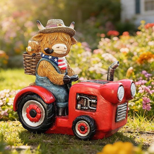 Groundhog Welcome Garden Statue with Solar Headlamp – Funny Animal Outdoor Yard Decor with LED Light and Butterfly – Waterproof Resin Garden Ornament for Patio, Lawn, Pathway (Tractor Cow)