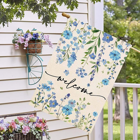 Baccessor Summer Welcome House Flag 28 x 40 Inch Funny Blue Floral Spring Garden Yard Flag Burlap Double Sided Vertical Seasonal Farmhouse Wedding Outdoor Decoration