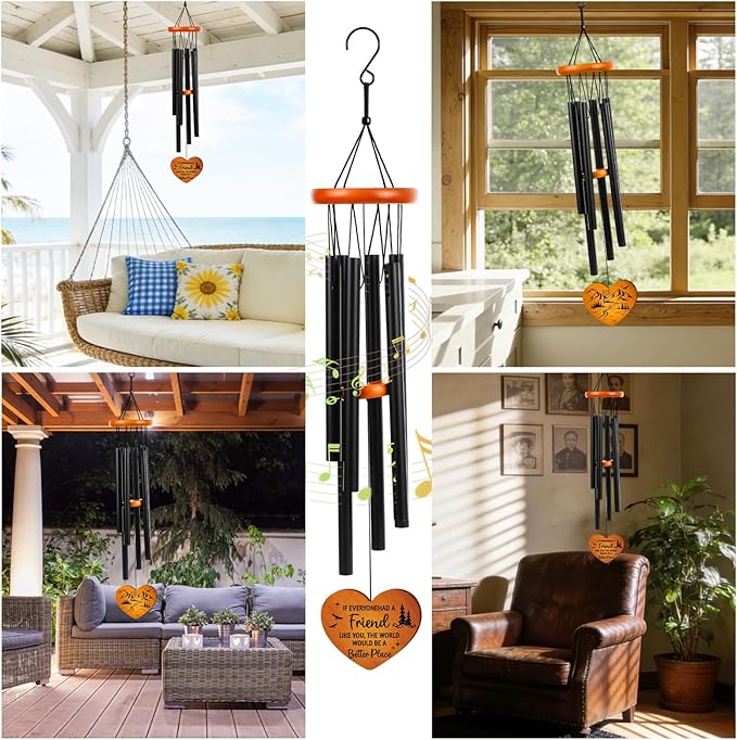 Wind Chimes for Outside for Women - 25.5" Friendship Wind Chime with Wood Plaque & Greeting Card Outdoor Garden Decor for Birthday Christmas BFF Bestie Gifts
