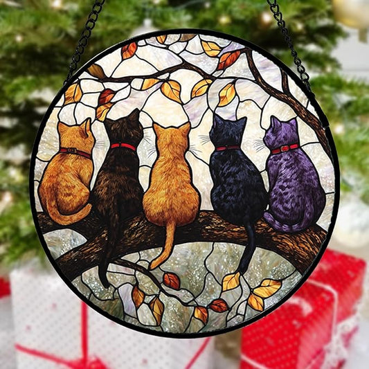 DASTOLL Stained Glass Window Hanging - 5 Cats on a Branch Suncatcher for Window Doors Home Decoration and Christmas, Mother's Day Father's Day Birthday Gifts for Women, Men, and Mom 14.9x14.9 in