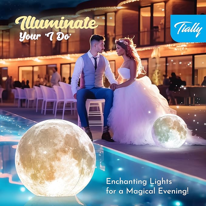 TIALLY Full Moon Floating Pool Lights Solar Powered - 14" Inflatable PVC Light Up Pool Balls for Swimming Pool, Solar Pool Lights that Float, Pool Owners (2 Pack)