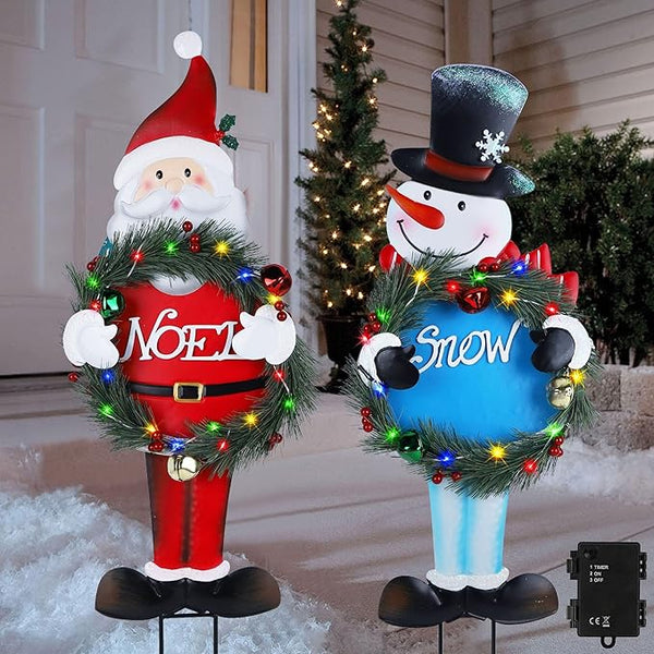 Lighted Christmas Decorations Outdoor, 2 Pack 30" Height Santa & Snowman Xmas Yard Signs Metal Garden Stakes with LED Lights, Battery Powered for Holiday New Year Winter Walkway Patio Lawn