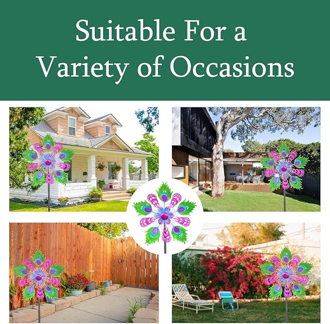 40" Solar Peacock Wind Spinners Garden Stake, Solar Wind Sculpture Yard Art Decorations for Lawn, Patio & Yard & Garden Decor, Metal Purple Whirligigs Wind Spinners Outdoor