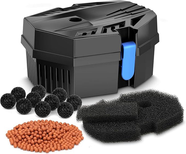 Antfraer Small Pond Filter Box - Pond Filter with Bio-Balls & Ceramic Rings, Submersible/Fountain Pump Compatible for Koi Ponds, Garden Fountains & Aquariums (No Built-in Pump)