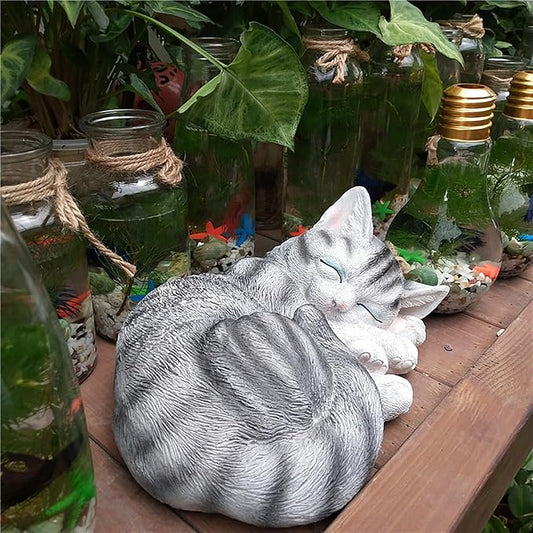 Realistic Cat Garden Outdoor Statue, Sleeping Kitten Figurines Sculpture Decoration for Patio, Yard, Porch Lawn Ornament, Office Home Art Décor Cat Memorial Stone (Grey)