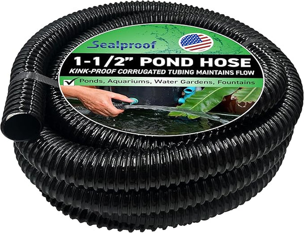 Sealproof Kinkproof 1-1/2" Dia Waterfall, Pond Tubing, 1-1/2-Inch ID, 20 FT, Black Corrugated PVC Strong Flexible Tubing, Made in USA