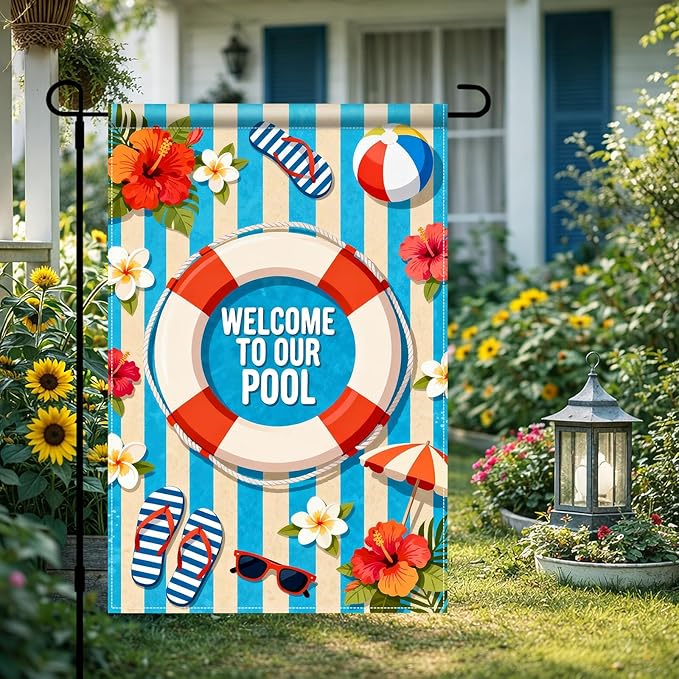 BlissYard Welcome To Our Pool Garden Flag 12x18 Double Sided Vertical Outdoor Summer Poolside Decor Beach Tropical Yard Lawn Patio Pool Party Banner