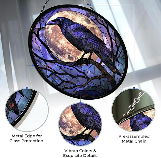 Crow Stained Glass Window Hanging,Hummingbird Sun Catchers Indoor Window Decor, Stained Glass Suncatcher Gifts for Women, Crow Lover, Christmas Decorations