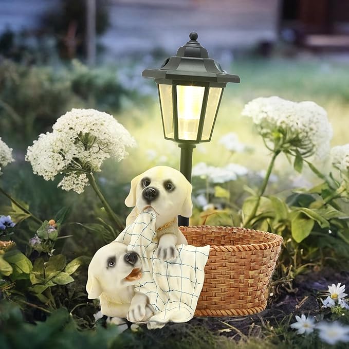 Solar Garden Outdoor Decor Statues Labrador Puppies Playing in Basket with Light,Outside-Outdoor Decorations Sculptures for Patio Yard Lawn Walkway Ornaments Gifts for Mom Grandma Birthday