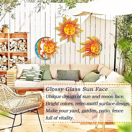 Metal Sun Wall Art Decor,12 Inch Retro Hanging Decor With Glass,Sun Moon Star Valentine Wall Decorations For Patio Yard Garden Fence Living Room Bedroom, Set of 3