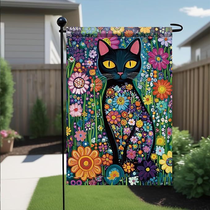 Spring Summer Garden Flag 12x18 Inch Black Cat Colorful Floral Art Design Outdoor Yard Porch Lawn Garden for Seasonal Farmhouse Boho Home Decor