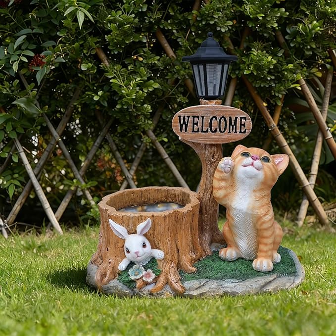 20" Solar Cat Garden Statue with Welcome Sign & Planter - Large Cat Sculpture with LED Street Lantern - Weatherproof Resin Decorative Flower Pot for Porch, Yard & Patio - Pet Lover Gift