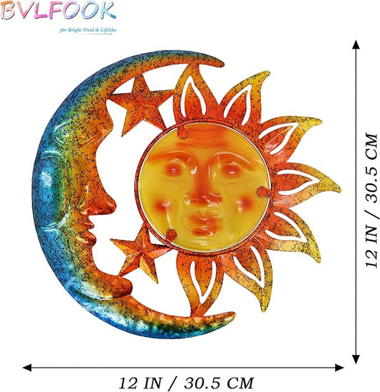 Metal Sun&Moon Wall Art Decor,12 Inch Retro Hanging Decor With Glass,Sun Moon Star Valentine Wall Decorations For Patio Yard Garden Fence Living Room Bedroom