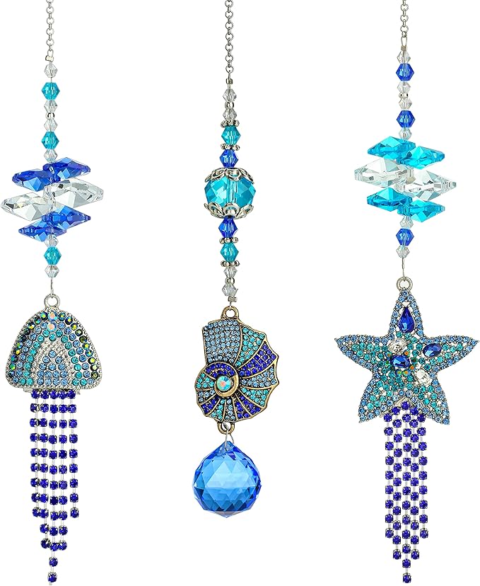 H&D HYALINE & DORA 3pcs Rhinestones Crystal Suncatcher Indoor Window Hanging Pendants, Sun Catchers Rhinestones Starfish Jellyfish Conch with Beads Prism Decor Wedding Garden Porch Ornament