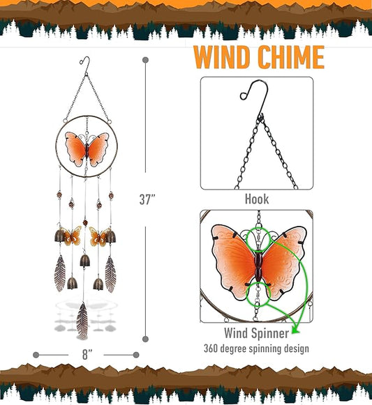 CoTa Global Orange Butterfly Hanging Metal Wind Spinner Wind Chime - Relaxing Harmonic Indoor or Outdoor Wind Spinner for Yard, Garden, Porch Patio, Beautiful Unique Art Ornament Mobile - 37 Inch