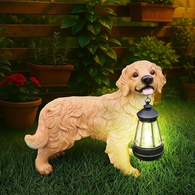 Yellow Retriever Welcome Greeter with Solar Lantern and Double-Sided Sign, Standing Retriever Garden Sculpture for Yard Paths, Front Door & Terrace