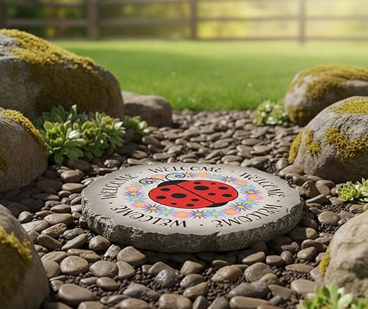 Magnolia Garden 10-Inch Welcome Ladybug Decorative Stepping Stone – Colorful Floral Resin Garden Walkway Tile – Whimsical Red & Pink Outdoor Accent – Luck & Happiness Front Porch Decoration