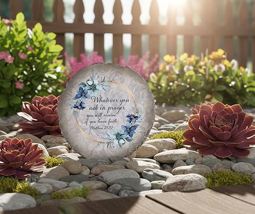 Magnolia Garden 10-Inch Matthew 21:22 Scripture Decorative Stepping Stone – Ask in Prayer Resin Garden Tile – Blue Floral Religious Outdoor Accent