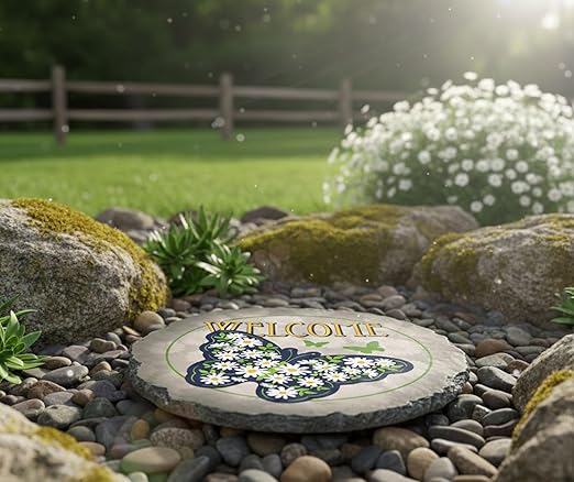 Magnolia Garden 10-Inch Welcome Butterfly Decorative Stepping Stone – Daisy Floral Resin Garden Walkway Tile – Vibrant Navy & Yellow Outdoor Accent Front Porch Entryway Decoration & Housewarming Gift