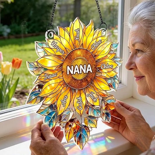Personalized Grandma Sunflower Stained Glass Suncatcher, Custom Grandkids Names Window Hanging, Sunflower Ornament for Grandma, Window Decor Gift, Gift for Mother’s Day