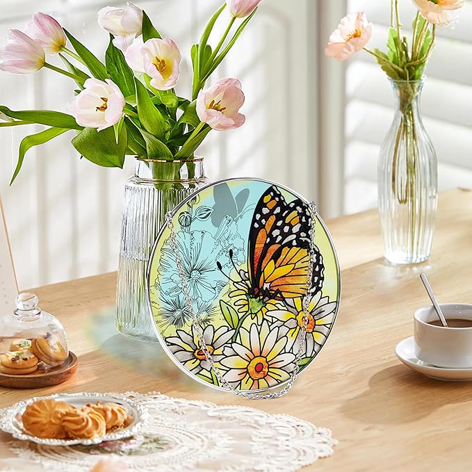 Stained Glass Butterfly Suncatcher Window Hanging Ornament for Home and Garden Decor 100% Real Glass with Elegant Butterfly Design Gift for Mom and Nature Lovers
