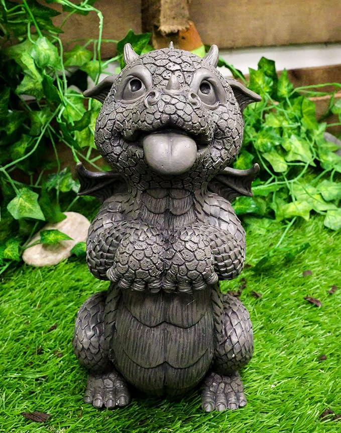 Ebros Whimsical Garden Dragon Begging for Attention Statue 10.25" H Cute Baby Dragon Panting Faux Stone Resin Finish Figurine Dungeons and Dragons Mythical Fantasy Sculpture Guest Greeter Home Decor