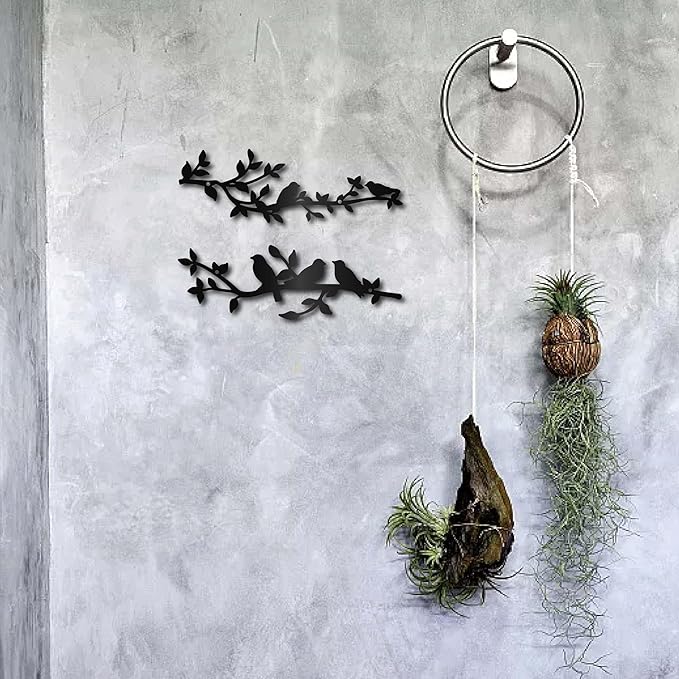 CREATCABIN 2Pcs Bird Metal Wall Decor Birds on Branch Vine Olive Wall Art Rustic Black Wall Hanging Sculpture Home Decor Sign Ornament for Home Balcony Garden Living Room Indoor Outdoor 11.8x3.9Inch