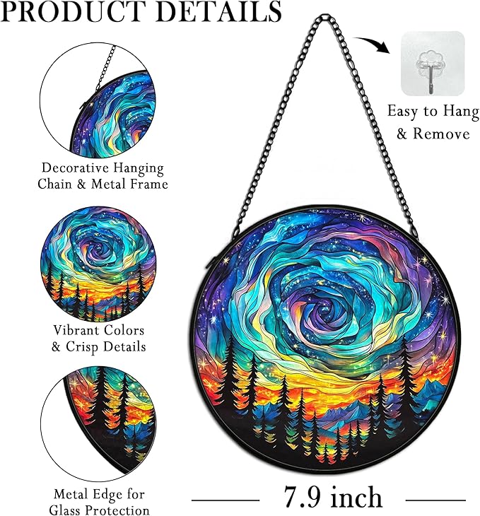 Northern Lights Suncatcher Stained Glass Window Hanging Decor Ornaments, Nature Mountain Stained Glass Decor, Landscape Garden Lawn Sun Catchers Hanging Wall Art, Nature Lover Gifts,7.9x7.9In