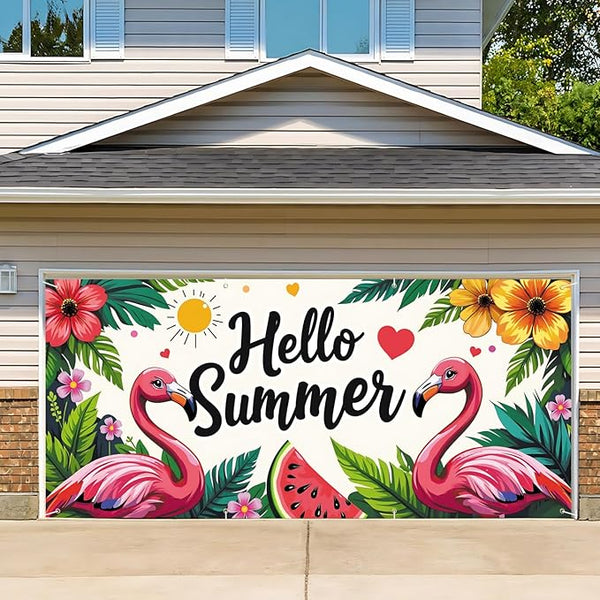 13x6 ft Hello Summer Flamingo Garage Door Banner - Colorful Flamingo Watermelon Pattern with Greeting Backdrop, Hanging Garage Decor - for Summer Welcome Pool Party, Fun Outdoor Wall Sign