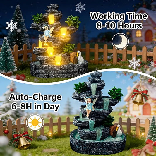 Fairy Garden Accessories Fairies Waterfall Solar Statues, 9" Waterproof Figurines Lights Outdoor House Decorations for Patio Lawn Porch Backyard, Gardening Birthday Gift for Women Kids Grandmom