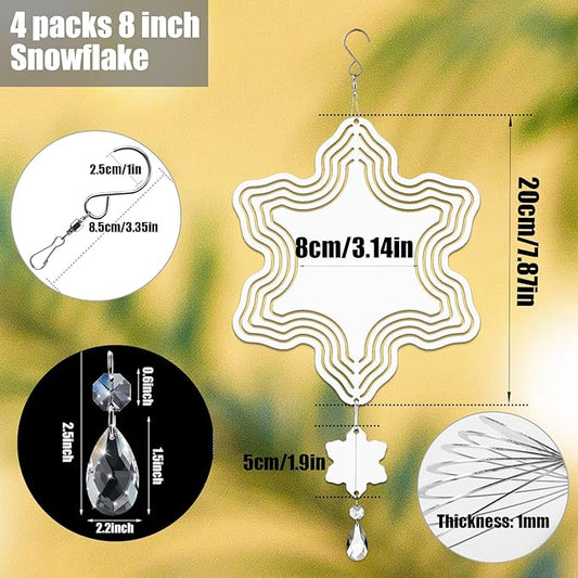 4Pack 8inch Sublimation Wind Spinner Blanks 3D Aluminum Metal Wind Sculpture Kinetic Spinners for Yard and Garden Indoor Art Sublimation Christmas Ornament Hanging Decoration (Snowflake)