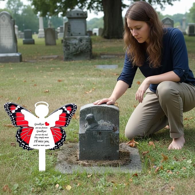 Angel Butterfly Memorial Garden Stake - Metal Grave Marker for Cemetery - Sturdy Thickened White Angel Remembrance Plaque, Sympathy Gift for Loss of Loved One
