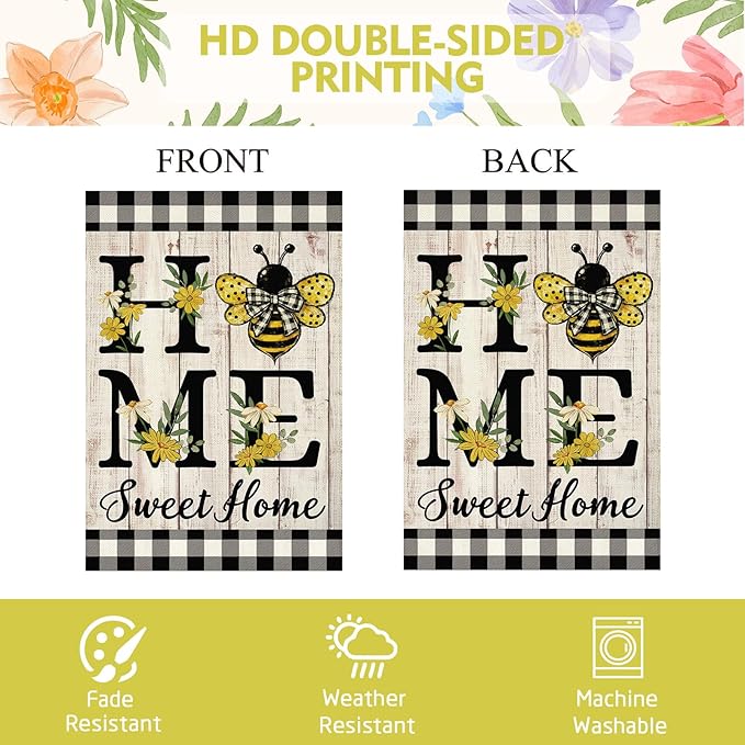 ORTIGIA Home Sweet Home Bee House Flag Double Sided 28x40 Inch, Spring Summer Yellow Flower Buffalo Plaid Check Large Yard Flag Burlap Farmhouse Rustic Outside Outdoor Lawn Patio Decor