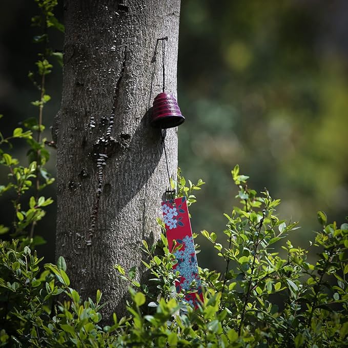 Japanese Wind Chime Cast-Iron Outdoor Ornament for Garden, Patio & Balcony, Hanging Metal Wind-Bell Decoration Gift, Blessing Pendant Windchimes & PVC Wind-Catcher, Waterline - Red