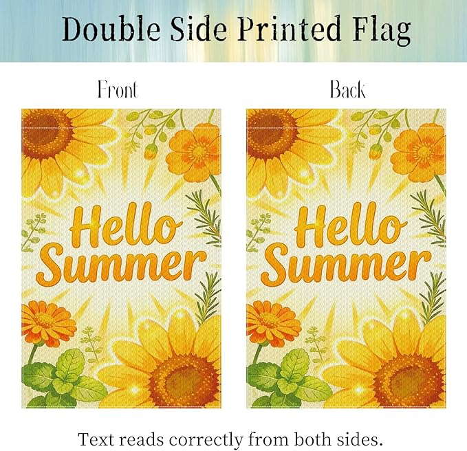 Hello Summer Sunflower Garden Flag 12x18 Inch Double Sided Bright Yellow Seasonal Outdoor Flag for Patio Porch Yard Decor