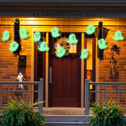 12 Pcs Hanging Bats Halloween Decoration Outside Pumpkin Skeleton Spider Outdoor Lawn Decorations 3 Different Size Realistic Ghost for Hanging in The Tree Porch Yard Lawn Indoor (Fluorescent Ghost)