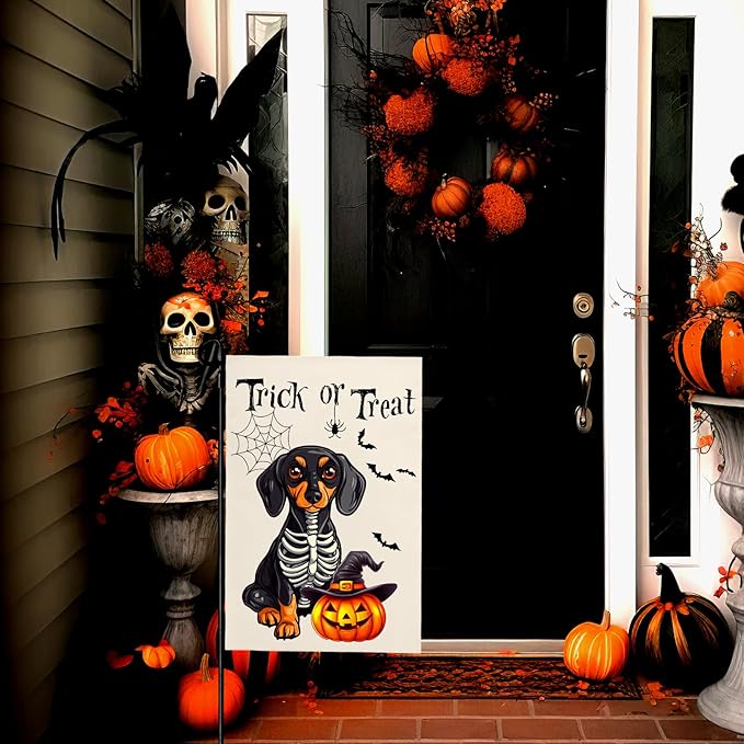 Halloween Garden Flags Trick or Treat Ghost Dog Yard Flag for Outside Decor Pumpkin Bat Spider Web Garden Flag Holiday Rottweiler Skeleton House Banner Outdoor Decoration for Home 12 x 18 Inch