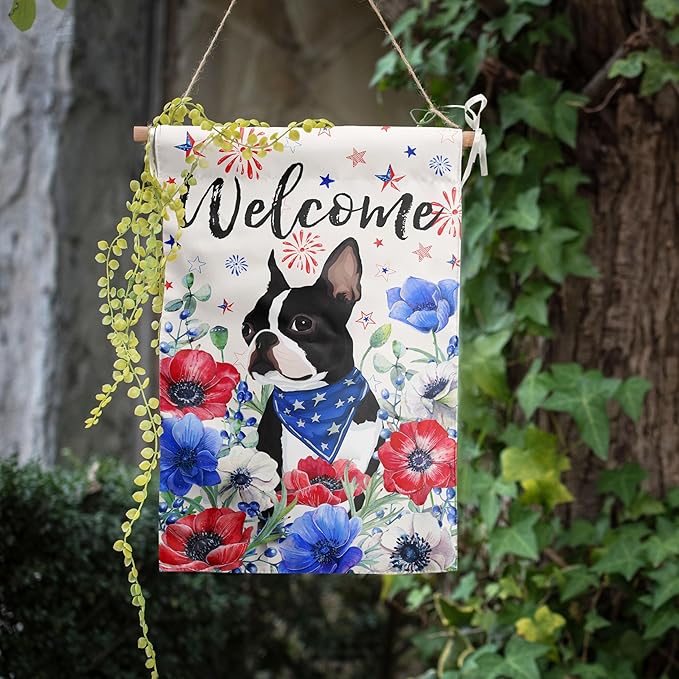 4th of July Boston Terrier Garden Flag Red White Blue Floral Dog Yard Flags Small Memorial Independence Day Banner 12x18 Double Sided for Outside Outdoor Patriotic Decor