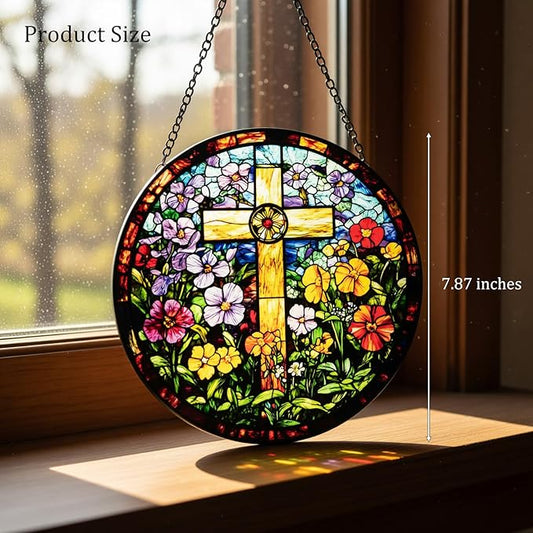 Stained Glass Window Hanging - Cross and Wildflowers Suncatcher, Sun Catchers Decor for Window Hanging, Gifts for Religious, Christian, Easter Faith Home Decor 7.8in