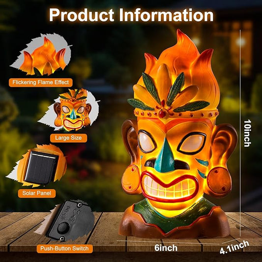 WINTS Solar Tiki Statue,Outdoor Tiki Statue with Solar Light,Flickering Flame Tiki Decor for Bar Yard Garden Patio Decoration -10 x 6 x 4.1 Inches
