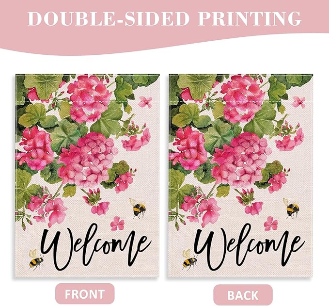 Welcome Spring Summer Geranium Decorative House Flag, Pink Floral Flowers Bees Garden Yard Outside Decorations, Seasonal Burlap Outdoor Large Home Decor Double Sided 28 x 40