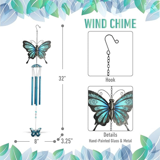 CoTa Global Rustic Blue Butterfly Wind Chime - Handmade Metal and Glass Hanging Decor, Blue and Black Garden Ornament with Copper Tubes, Indoor Outdoor Porch Patio Yard Decoration - 32 Inches