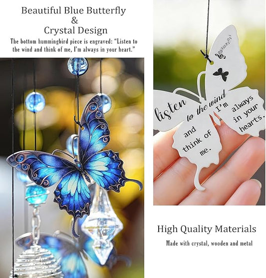 YU FENG Butterfly Memorial Wind Chime with Crystal Suncatcher – 27 Inch Outdoor Wind Chimes for Garden, Blue Butterfly Sympathy Gift for Loss of Loved One, Remembrance Decor for Yard, Patio, Mom
