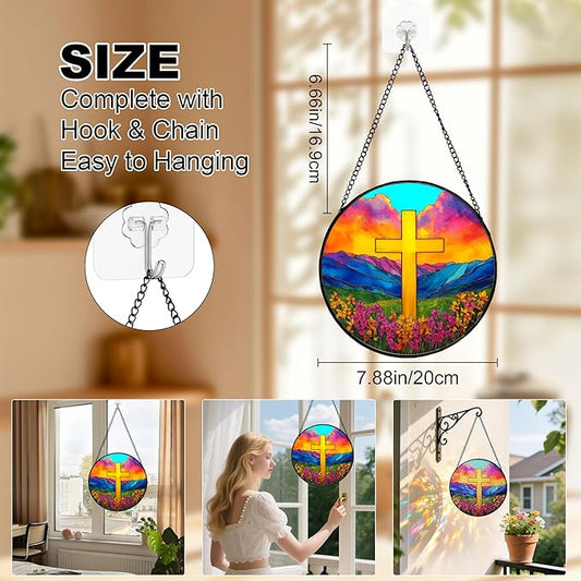 7.88'' Glass Window Hanging, Colorful Cross Sun Catchers Glass Panel for Window, Christian Evening Glow Suncatcher Decor with Hook Chain for Mother's Day Birthday for Women, Men, Wife, Aunt, and Mom