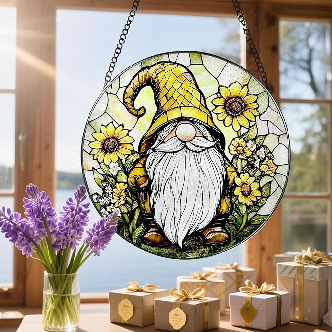 8โณ Stained Glass Window Hanging Ornament, Sunflower Gnome Stained Glass Suncatcher Ornament, Sun-Catcher Window Decor | Christmas & Birthday Gifts, Festival Gifts | Gift for Her