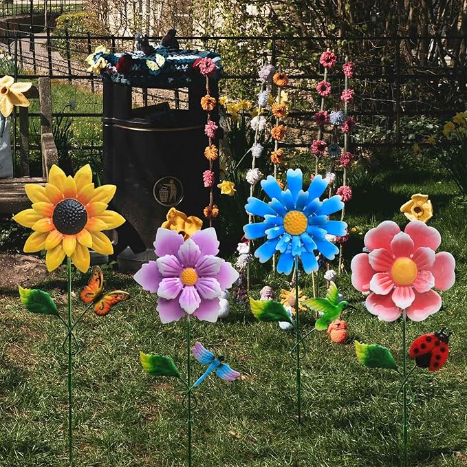 Solar Garden Stake Lights, Metal Flower Design, 4 Pc. Set for Outdoor Decor, Garden, Patio, Pathway