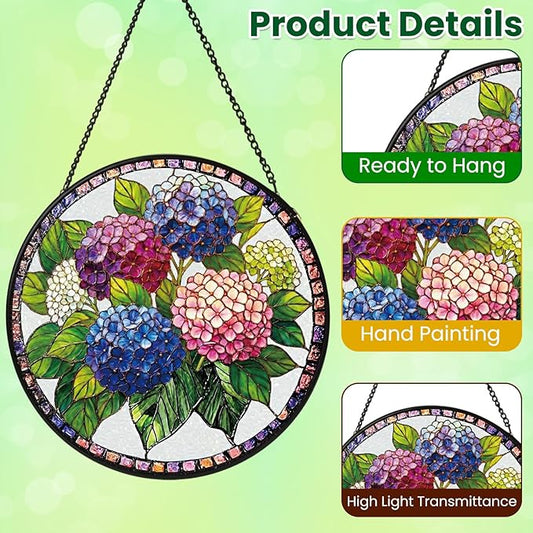 Stained Glass Window Hanging, Blue Hydrangea Flower Stained Glass Suncatcher, Window Decor, Hydrangea Plant Lover Gift for Women, Couples, Best Friend, Family, Colleague, Classmate 7.8 Inch