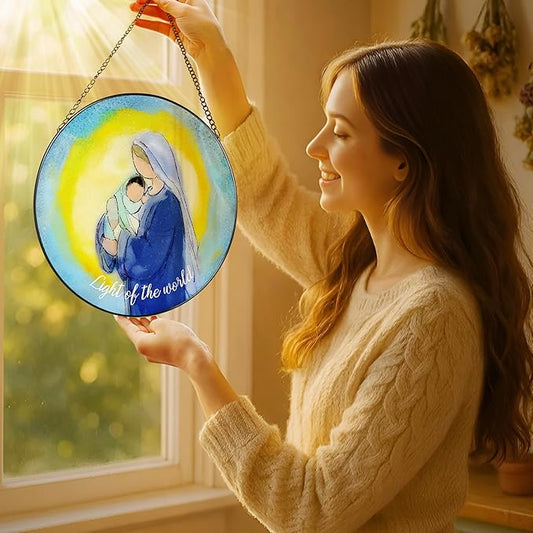 8'' Virgin Mary and Jesus Religious Ornament, Stained Glass Window Hanging, Sun Catcher Window Decor, Christian Holiday Decor, Gifts for Christmas, Christian Gift, Religious Gift
