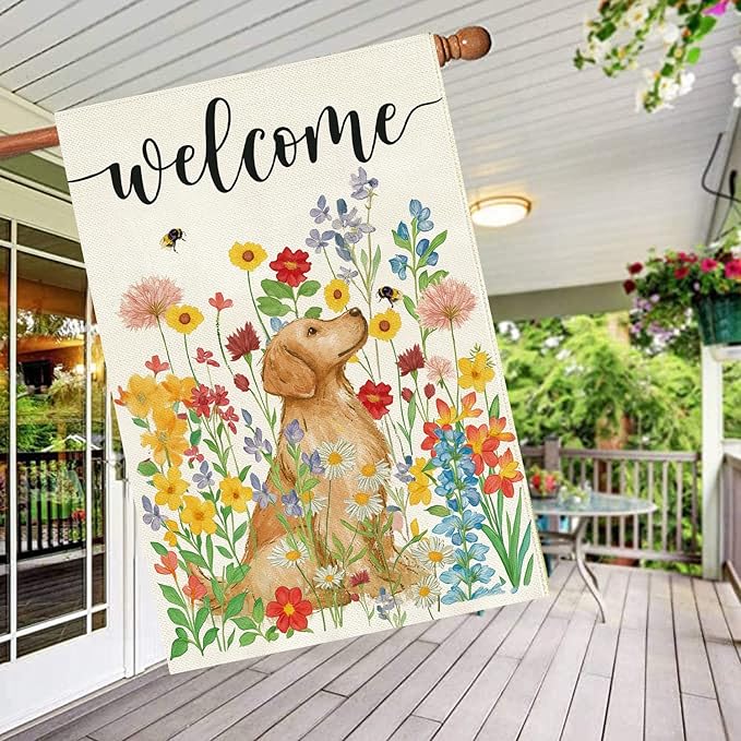 Baccessor Spring Summer Dog House Flag 28x40 Inch Double Sided Burlap, Floral Flowers Large Garden Flag Holiday Yard Porch Patio Farmhouse Outdoor Outside Decoration
