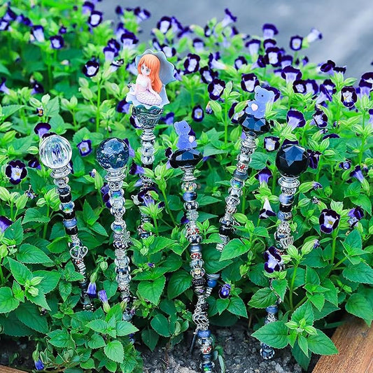 AIPRIDY 158 Pcs DIY Fairy Wand Garden Stakes Kit,Multiple Color Scheme European Beads Crystal Diamond Tops and 12 or 10 Inch Threaded Rods,Stainless Steel Stakes with Diamond Toppe (Black)